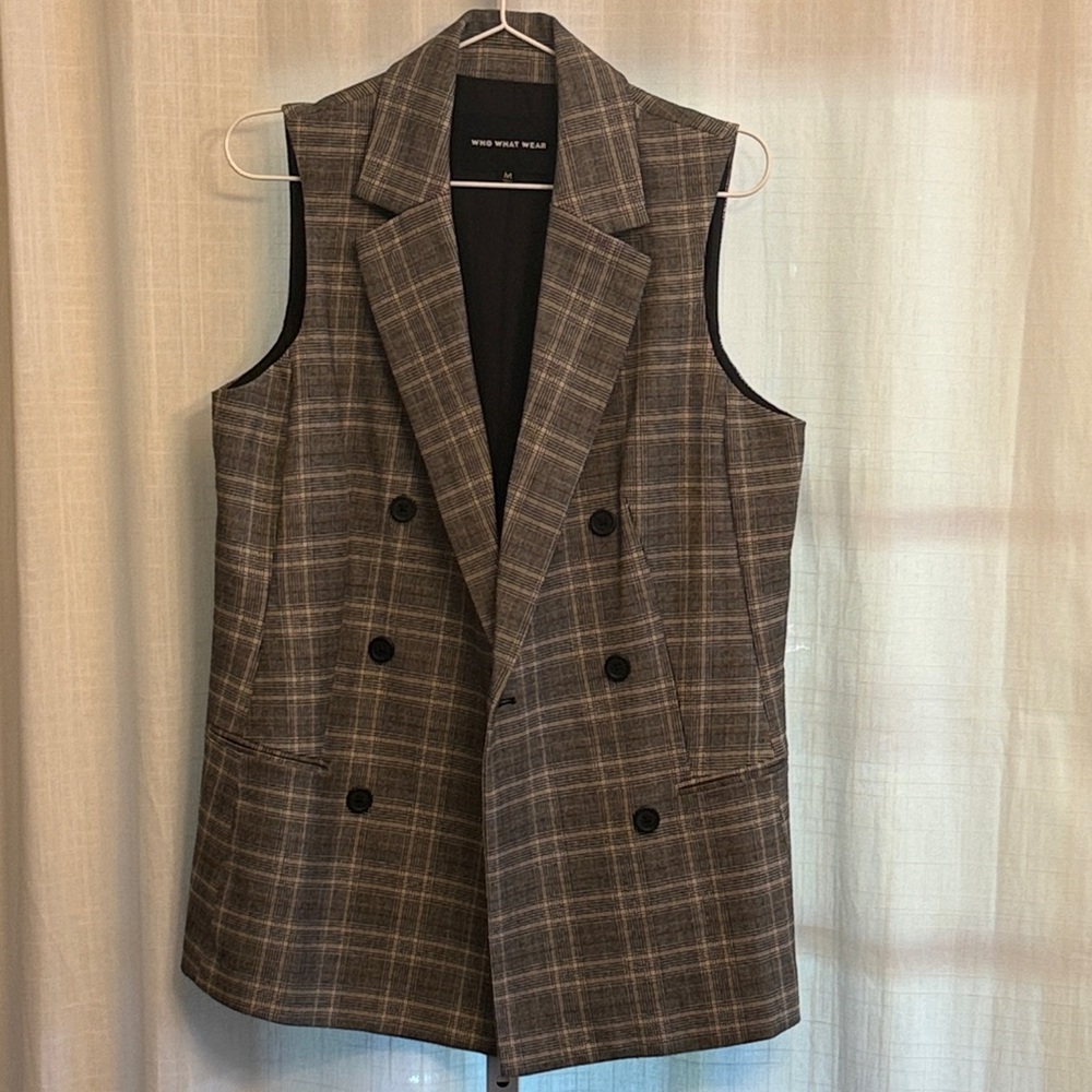 Who What Wear Medium Gray Plaid Double-Breasted Blazer Vest
